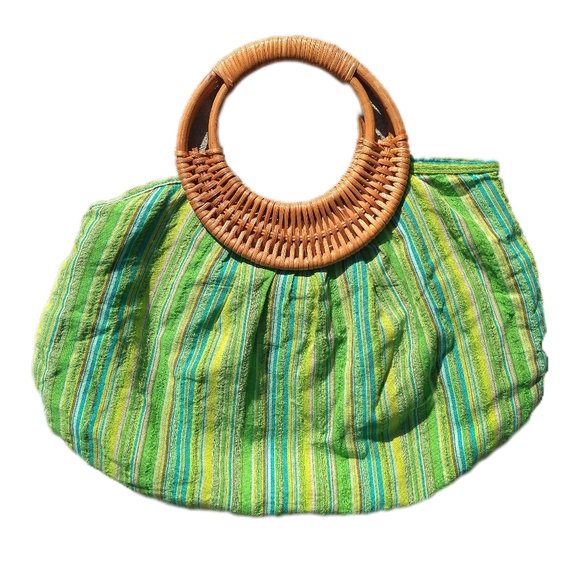 Handbags - EUC, Colorful stripe bag with wicker handle, green, aqua, brown